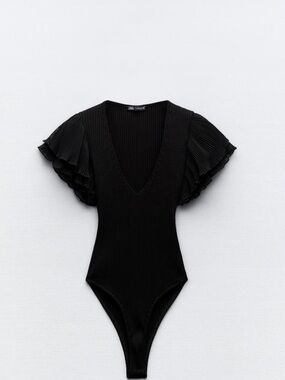 Zara Black Ribbed V-Neck Bodysuit with Pleated Flutter Sleeves